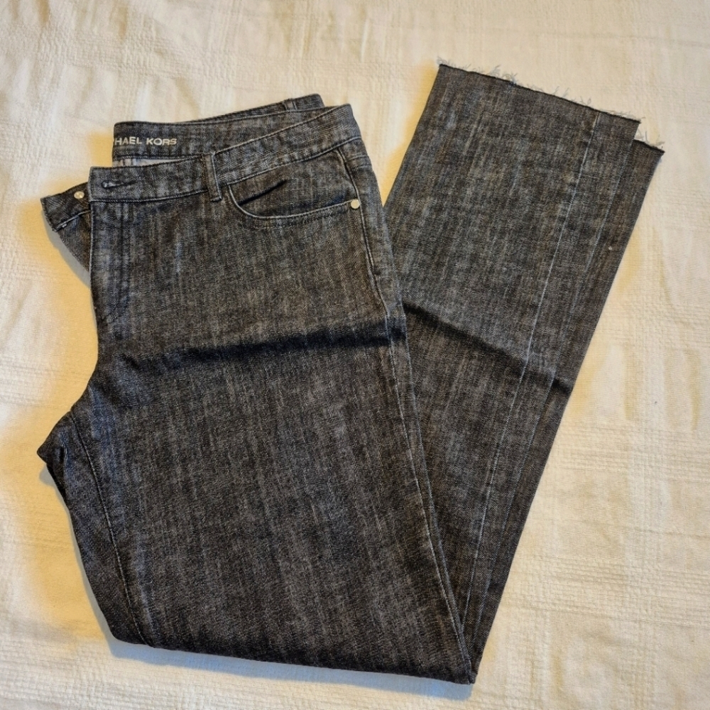 Michael Kors women's size 12 black heather raw edge jeans have stretch, VGUC
